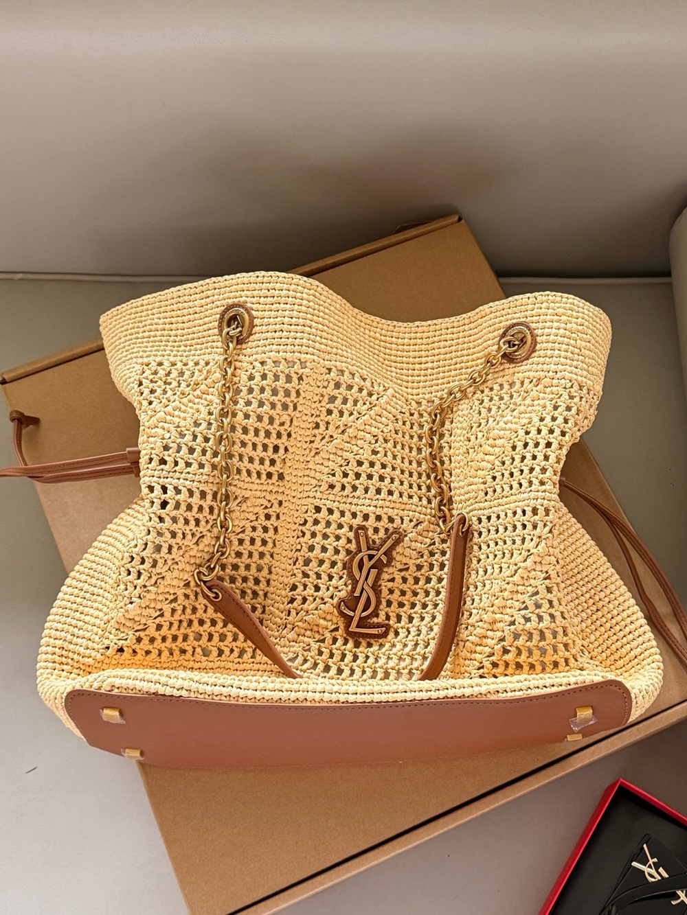 Saint Laurent Yellow Crochet Tote with Brown Leather Trim
